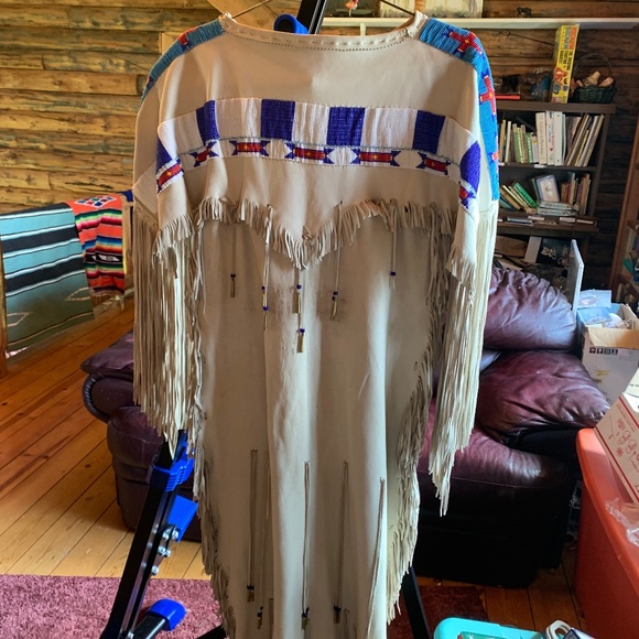 Authentic Native American Ceremonial Elk Skin Dress-pale tan.